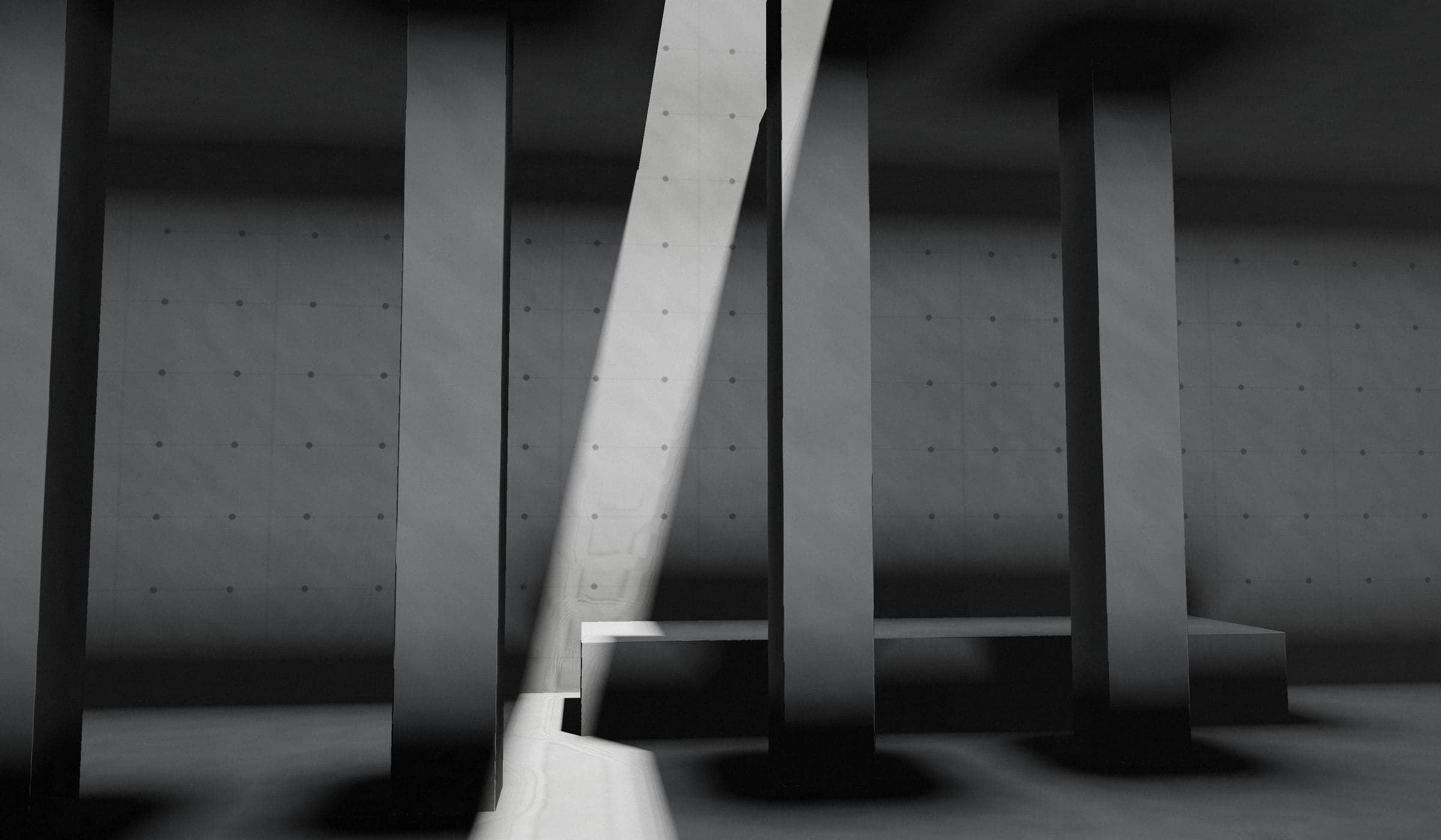 A quiet concrete hall lit by one slit of sunlight